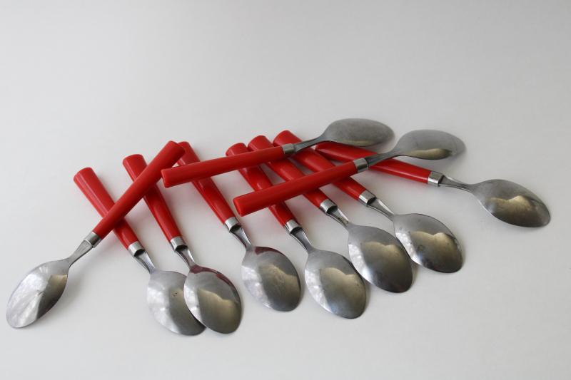 vintage cherry red plastic handles stainless flatware, set of ten teaspoons dessert spoons