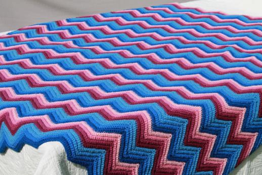 vintage chevron striped crochet afghan in shades of pink & blue, crocheted wool blanket