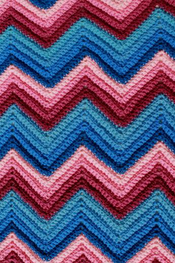vintage chevron striped crochet afghan in shades of pink & blue, crocheted wool blanket