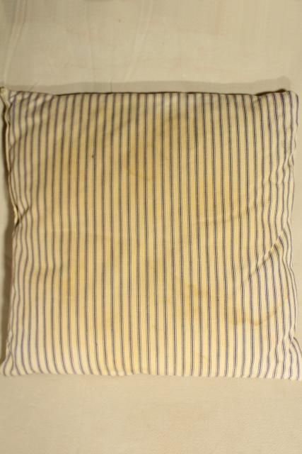 vintage chicken feather pillow, blue & white ticking stripe chair seat cushion