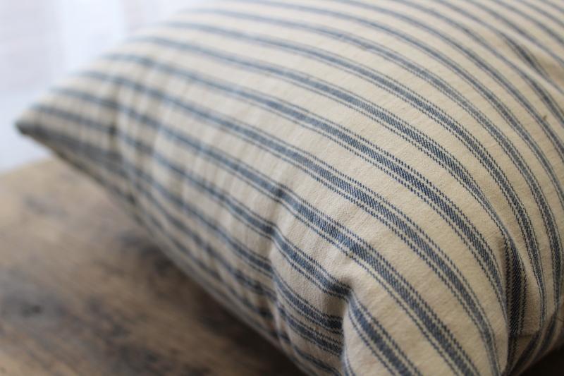 vintage chicken feather pillow, farmhouse indigo blue striped cotton ticking fabric