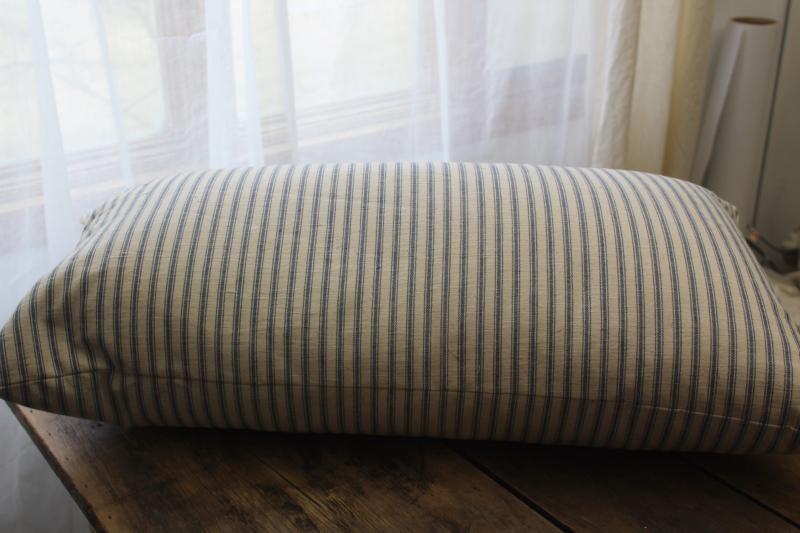 vintage chicken feather pillow, farmhouse indigo blue striped cotton ticking fabric