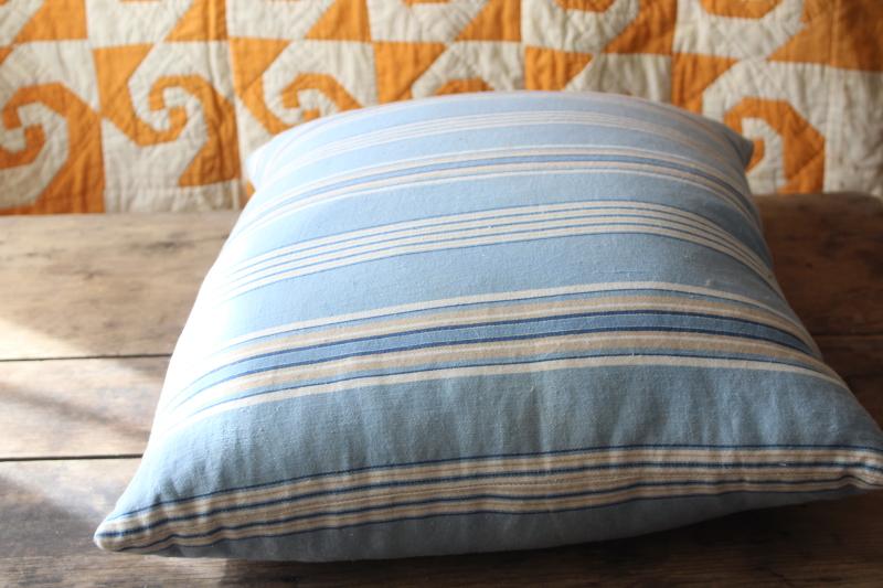 vintage chicken feather pillow, farmhouse style soft blue striped cotton fabric
