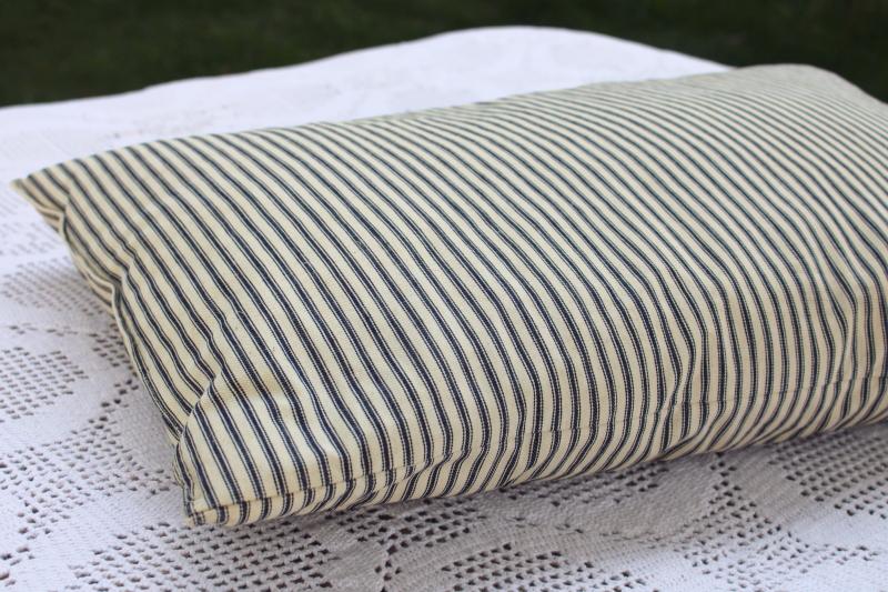 vintage chicken feather pillow, indigo blue striped heavy cotton ticking fabric cover
