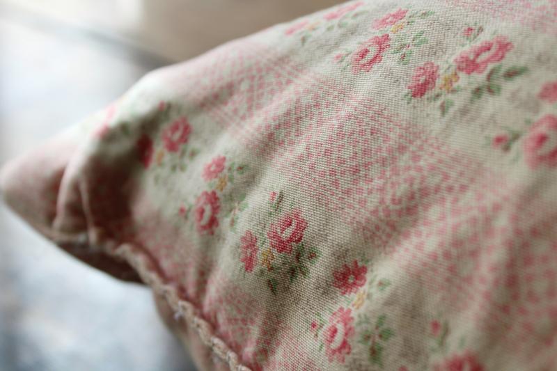 vintage chicken feather pillow, pink & white print floral striped cotton ticking fabric