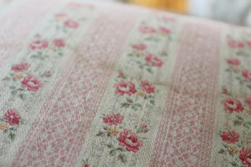 vintage chicken feather pillow, pink & white print floral striped cotton ticking fabric