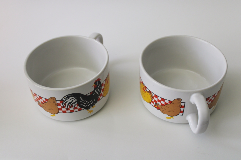 vintage chicken soup bowl mugs, country kitchen red checks w/ roosters  hens