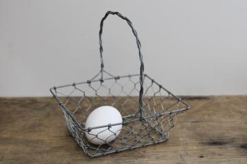 vintage chicken wire basket, little egg basket, rustic farmhouse kitchen decor