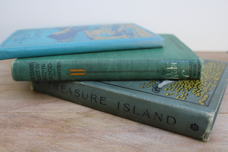 vintage childrens books, aqua blue green old illustrated covers Robin Hood Treasure Island