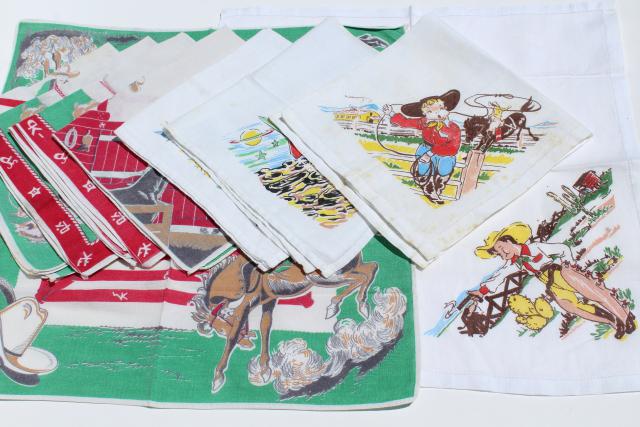 vintage childrens hankies, western cowboy rodeo print cotton bandana handkerchiefs