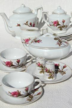 vintage child's size china tea set, Japan moss rose pink roses porcelain doll dishes