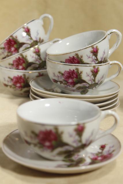 vintage child's size working toy tea set, pink roses moss rose porcelain china doll dishes