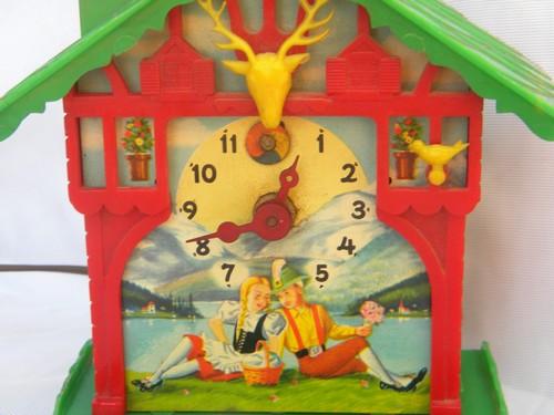 vintage child's swiss chalet electric clock w/litho Heidi graphics
