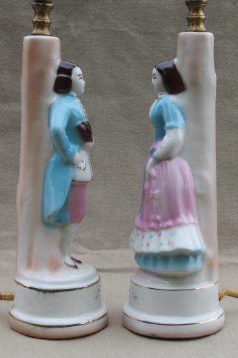 vintage china boudoir lamps, pair of painted pottery figurines french couple