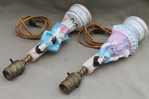 vintage china boudoir lamps, pair of painted pottery figurines french couple