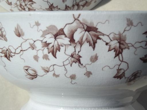 vintage china cafe au lait bowls, antique transferware w/ brown ivy floral