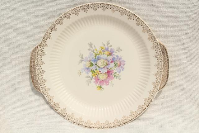vintage china cake plate serving tray, shabby floral pincushion flower bouquet