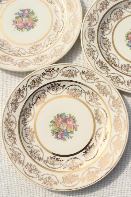 vintage china cake plates & serving plate set, floral bouquet w/ gold lace border
