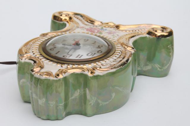 vintage china case mantle clock, fancy painted green marble boudoir or parlor clock