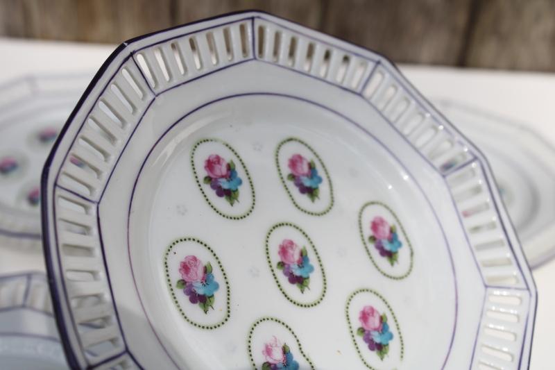 vintage china dessert plates set, reticulated border hand painted floral
