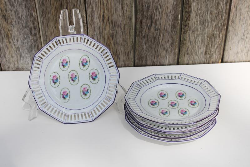 vintage china dessert plates set, reticulated border hand painted floral