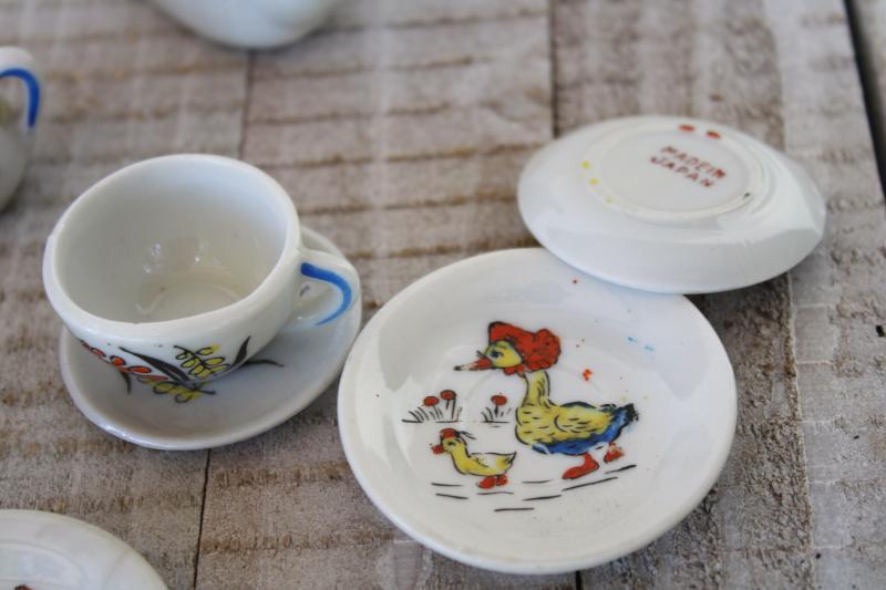 vintage china doll dishes w/ hand painted Mother Goose, made in Japan mini toy tea set