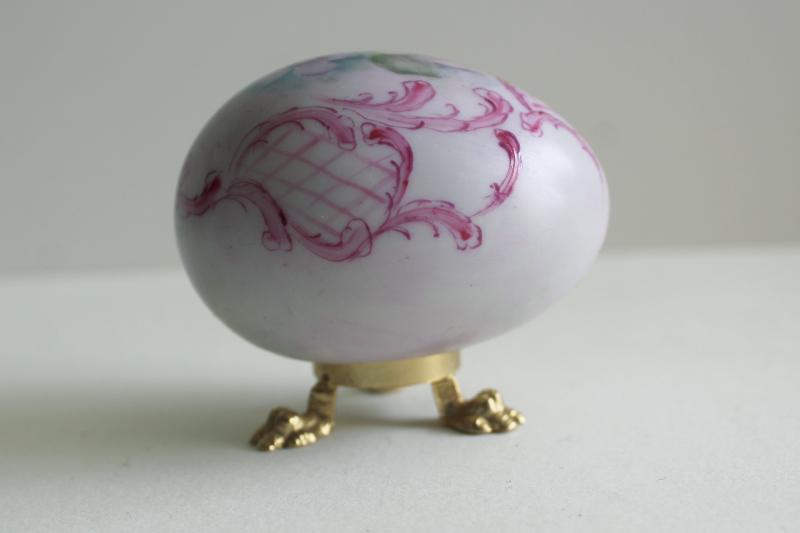 vintage china egg w/ hand painted violets, artist signed Easter egg & metal stand
