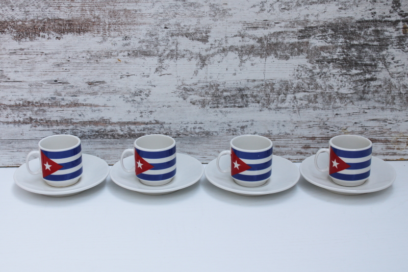 vintage china espresso set w/ Puerto Rico flag, tiny demitasse coffee cups saucers