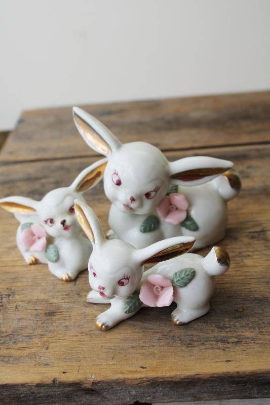 vintage china figurines, Easter lambs or long eared bunnies, rabbit family 