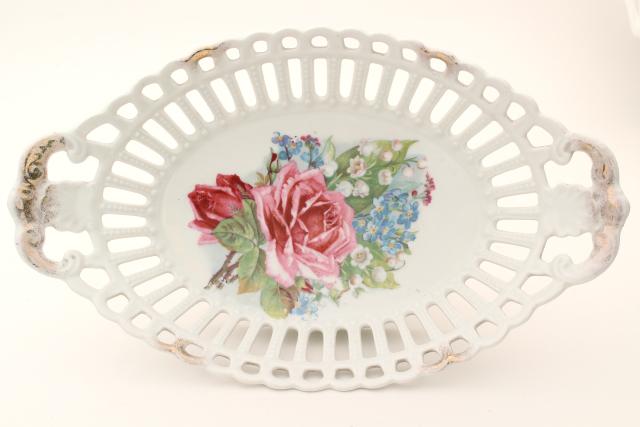 vintage china lace edged oval bowl, reticulated openwork made in Germany or Austria