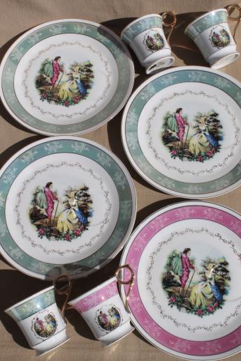 vintage china plates & teacups, sweet pink & green tea party luncheon set for a princess!