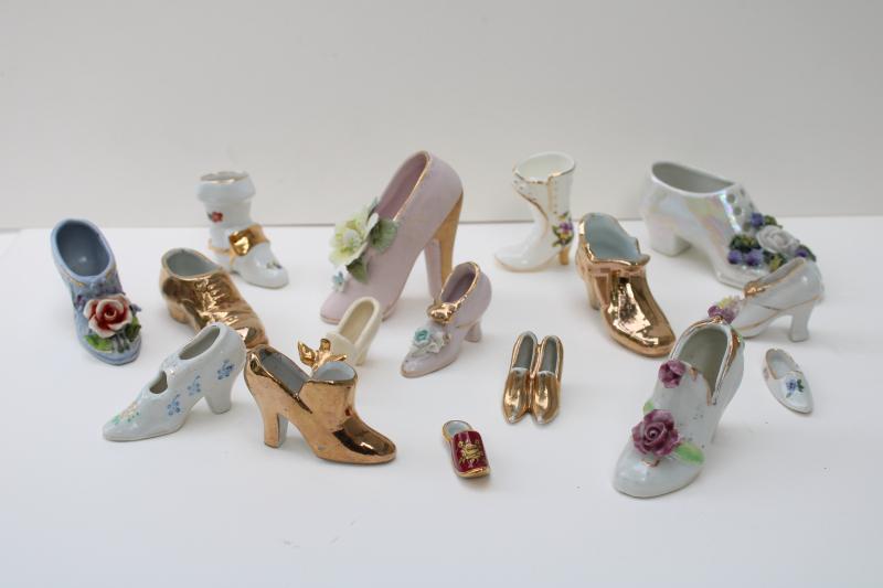 vintage china shoe figurines collection, miniature shoes Limoges, Germany, Lefton Japan
