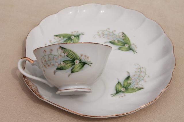 vintage china snack sets, tea cups & tray plates w/ lily of the valley lilies