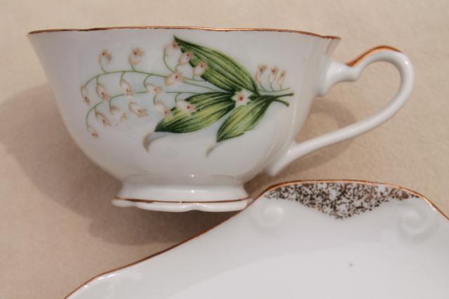 vintage china snack sets, tea cups & tray plates w/ lily of the valley lilies