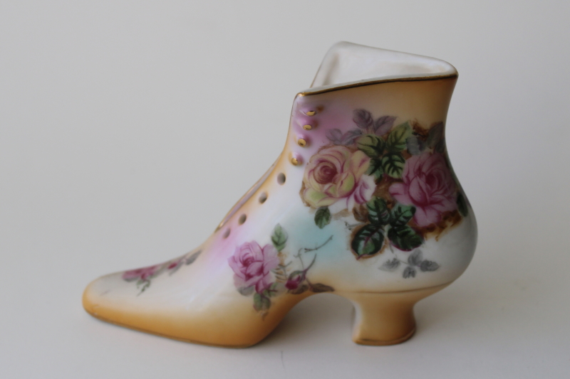 vintage china tall boot ladies shoe vase w/ roses, RS Prussia style mark, made in Japan