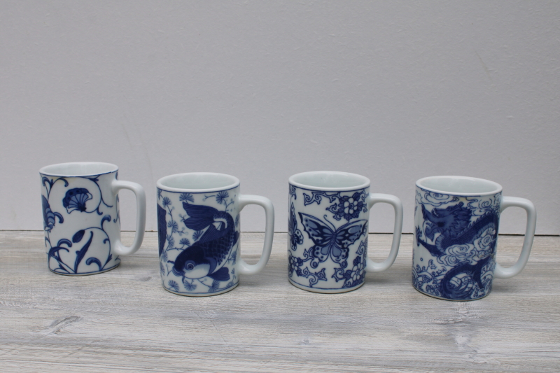 vintage chinoiserie blue  white china mugs, Chinese dragon, koi, butterfly, flower