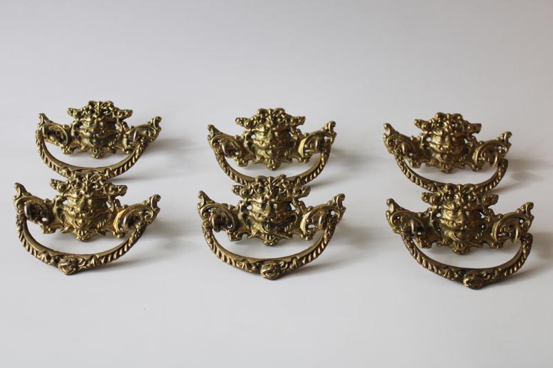 vintage chinoiserie brass drawer pulls hardware, Chinese lion dragons very ornate