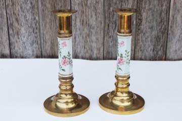 vintage chinoiserie, solid brass / floral porcelain candlesticks, candle holders pair