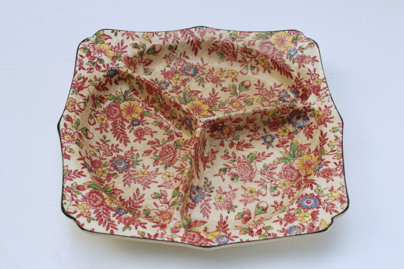 vintage chintz china, hand painted floral tray or trinket dish, browned w/ crackled glaze crazing