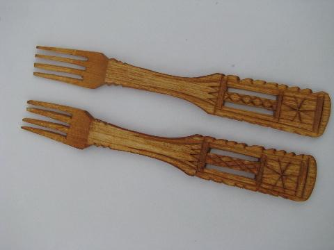 vintage chip carving, Swedish wooden spoons, forks, knives