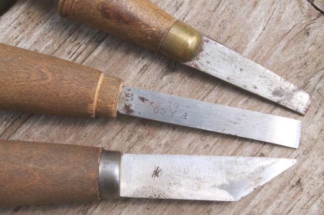 vintage chip carving knives wood working tools, lot of 3 in woodburned box