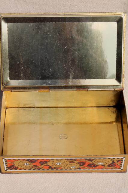vintage chocolate box tin, red & gold print metal tin keepsake box w/ hinged lid