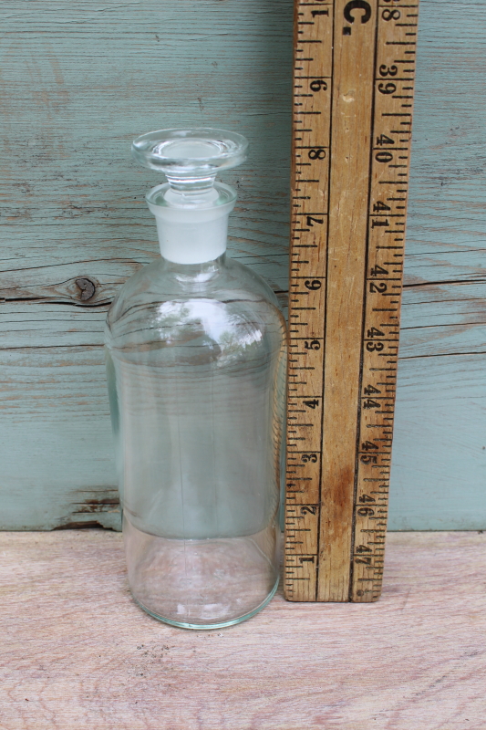 vintage clear glass apothecary bottle w/ stopper, old USA mark chemists bottle