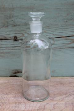 vintage clear glass apothecary bottle w/ stopper, old USA mark chemists bottle