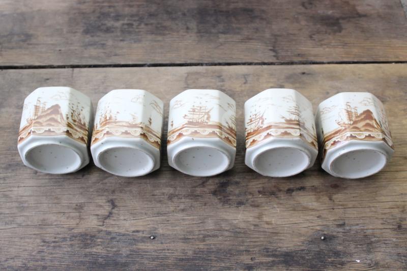 vintage clipper ships brown transferware handleless tea cups, Andrea by Sadek