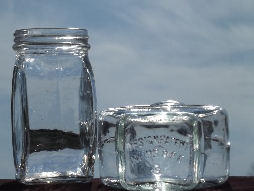 vintage clock face embossed jars, old condiment bottles spice jar lot
