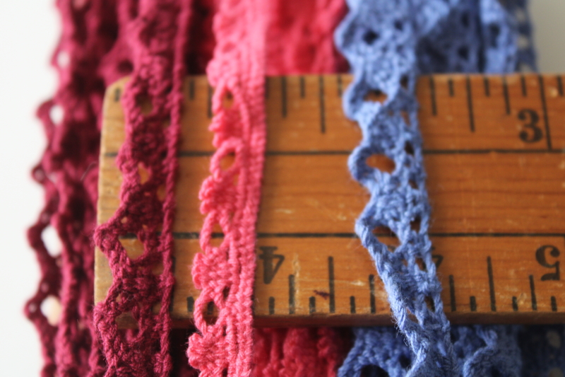 vintage cluny type cotton lace, colorful retro sewing trim pink, blue, burgundy crochet edging