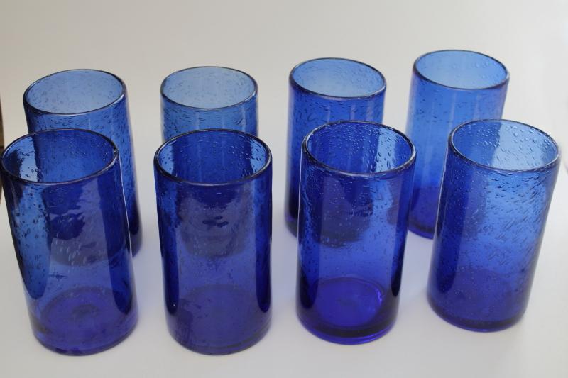 vintage cobalt blue Mexican hand blown glass drinking glasses, heavy seeded glass tumblers
