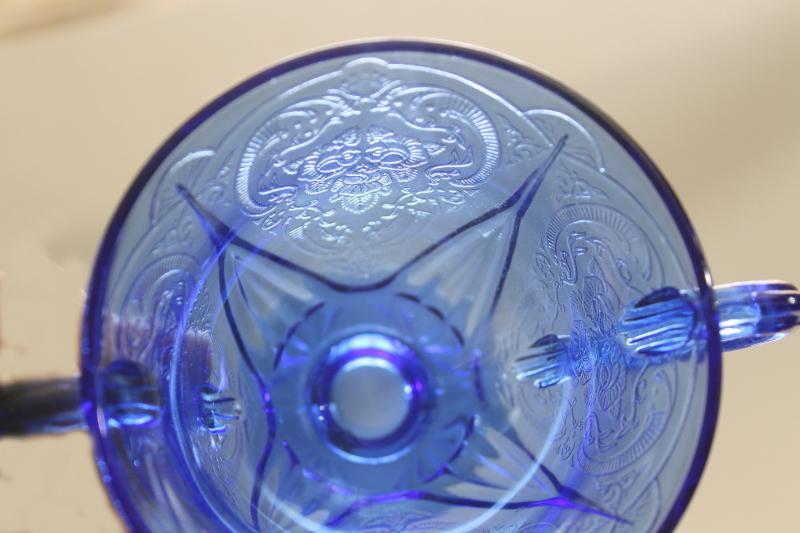 vintage cobalt blue depression glass Hazel Atlas Royal Lace pattern sugar bowl
