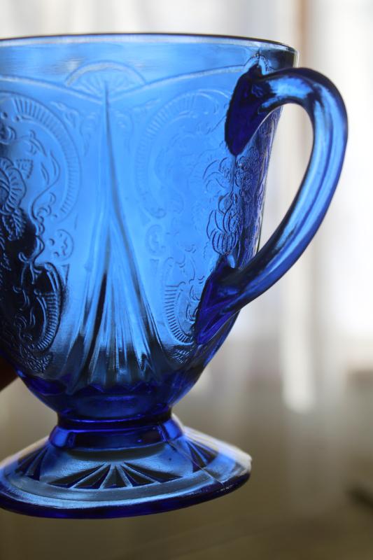 vintage cobalt blue depression glass Hazel Atlas Royal Lace pattern sugar bowl